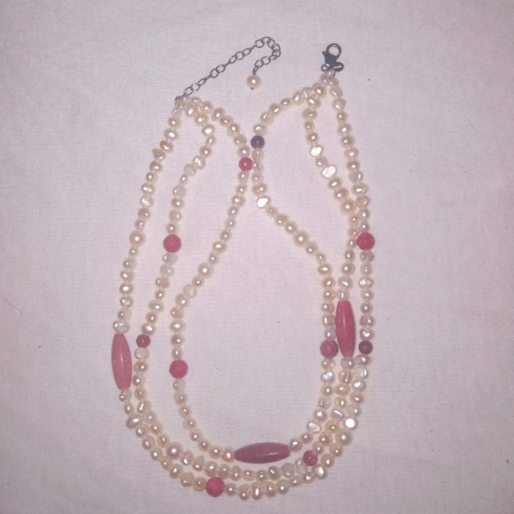 Ross-Simons-3 stands Freshwater PEARLS + RHODONITE Necklace STERLING Silver RS